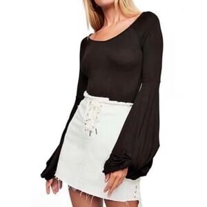 Free People Black To the Tropics Top Womens Small Statement Sleeves Scoop Neck